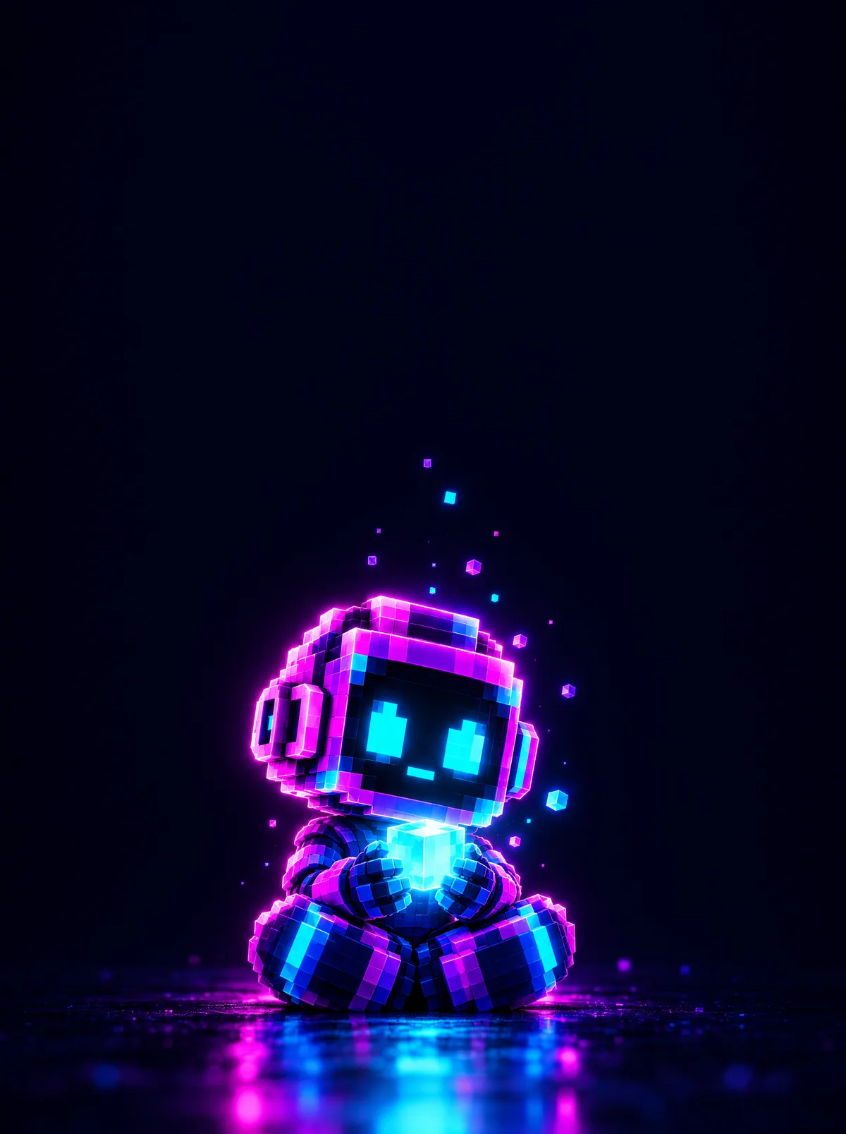 PIXORA holding one glowing pixel in a dark void