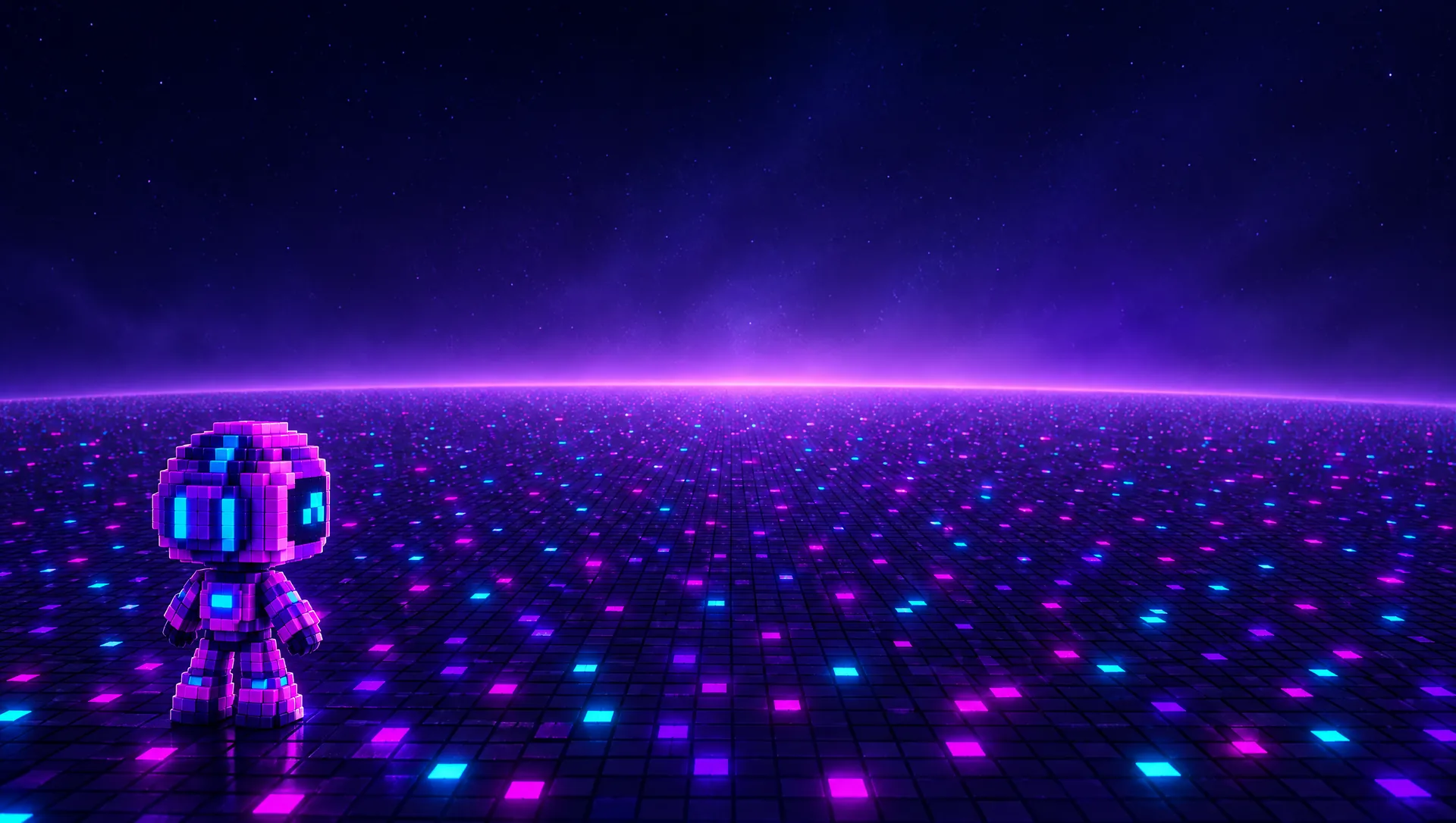 PIXORA looking out over an endless plain of a billion tiny glowing pixels