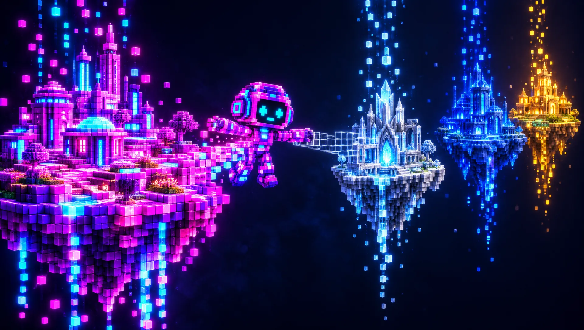 PIXORA stretching into a bridge of glowing cubes between floating block worlds