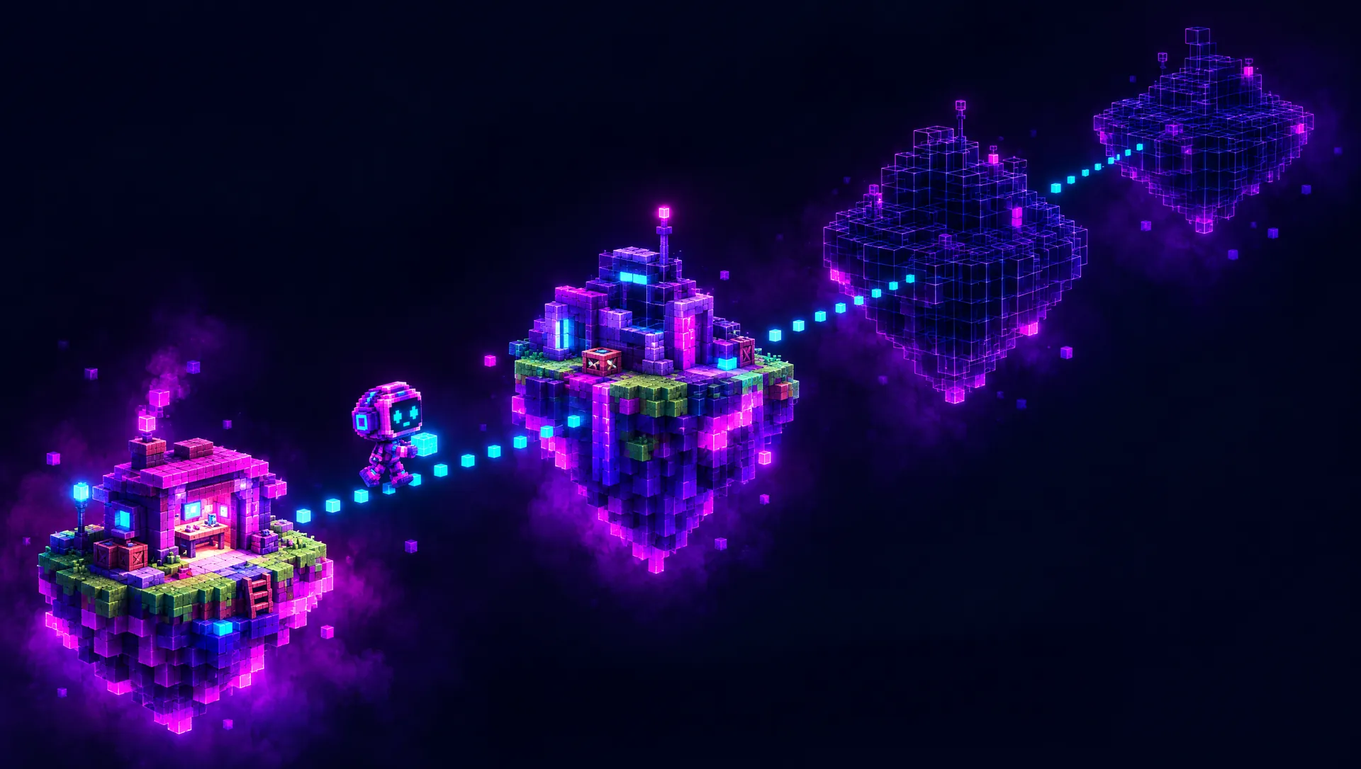 Five floating islands, the first ones built, the far ones still wireframe
