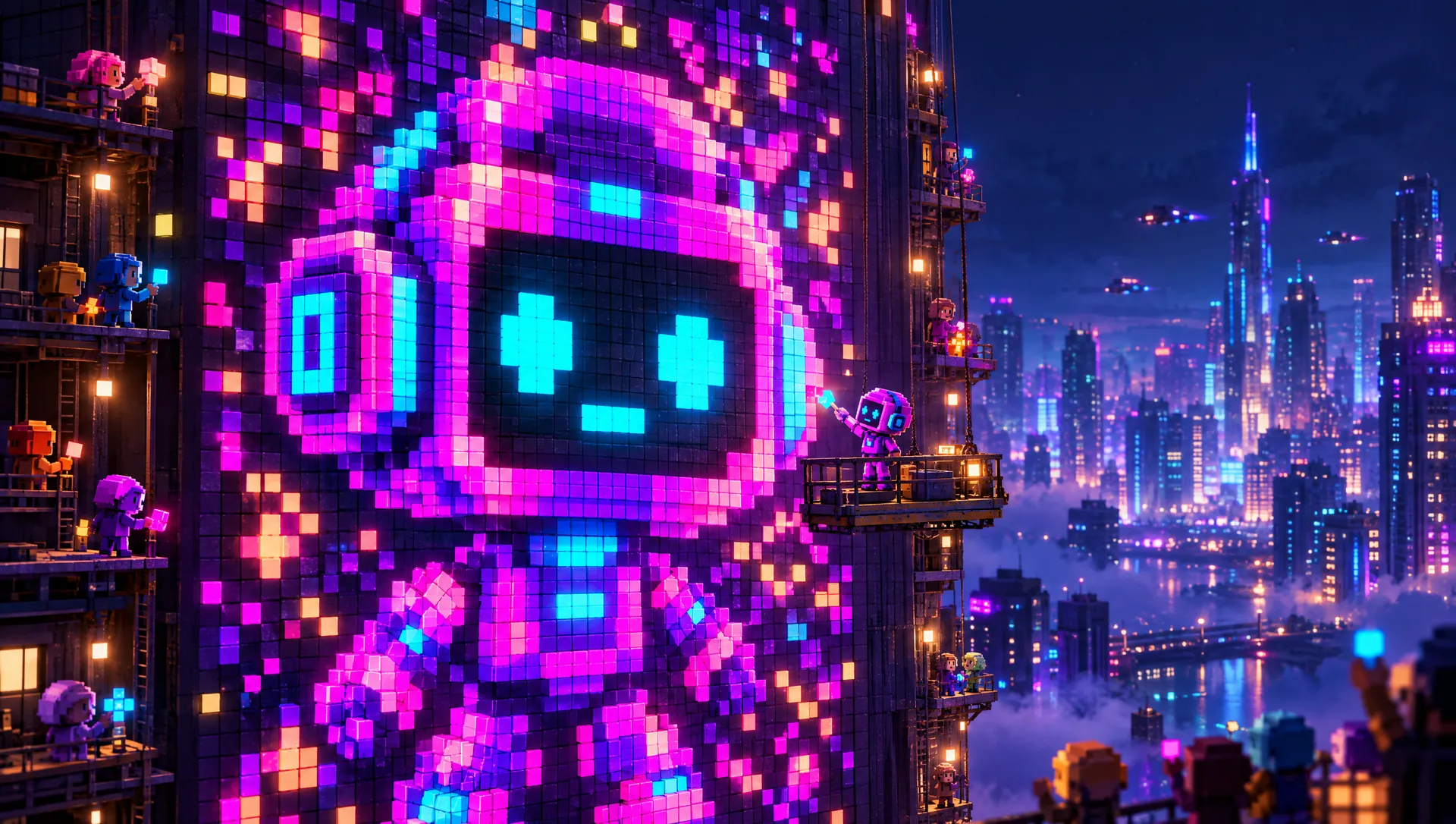 A giant community pixel mural of the PIXORA face on the side of a tower