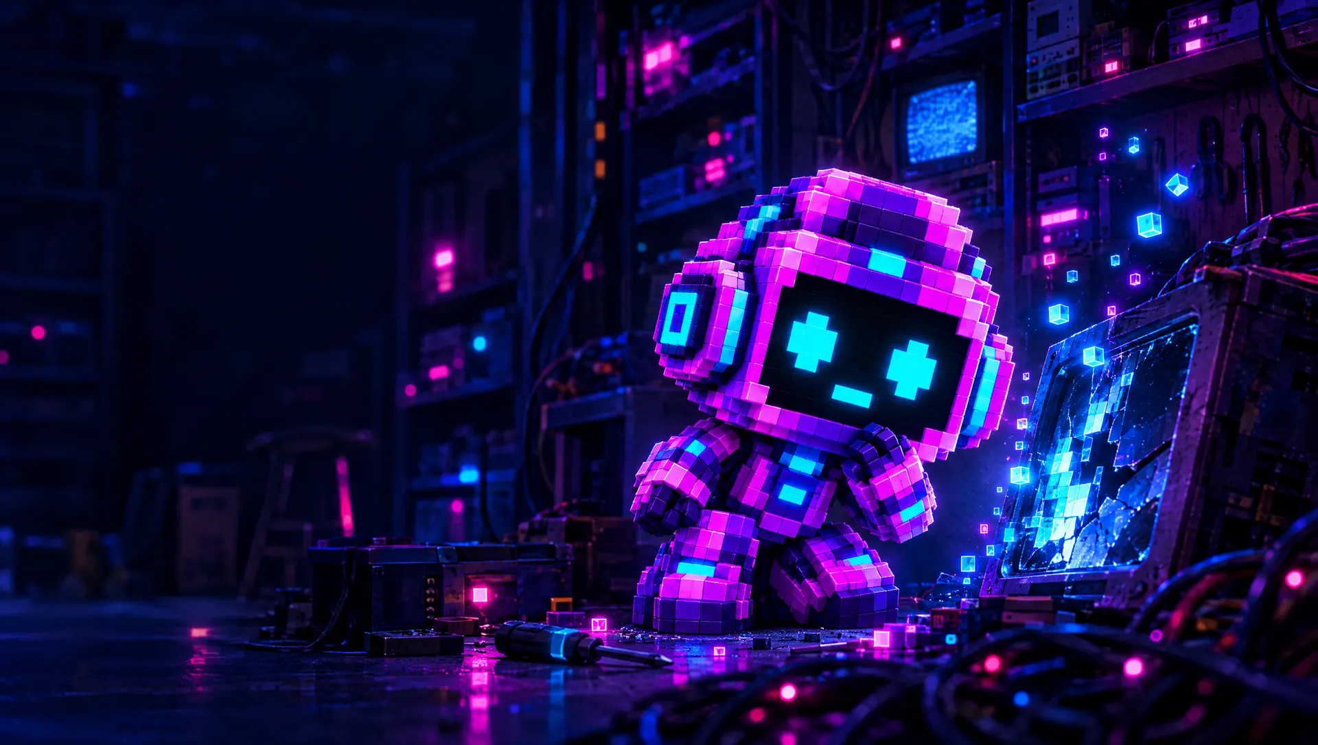 PIXORA waking up in a dark repair workshop next to a broken screen