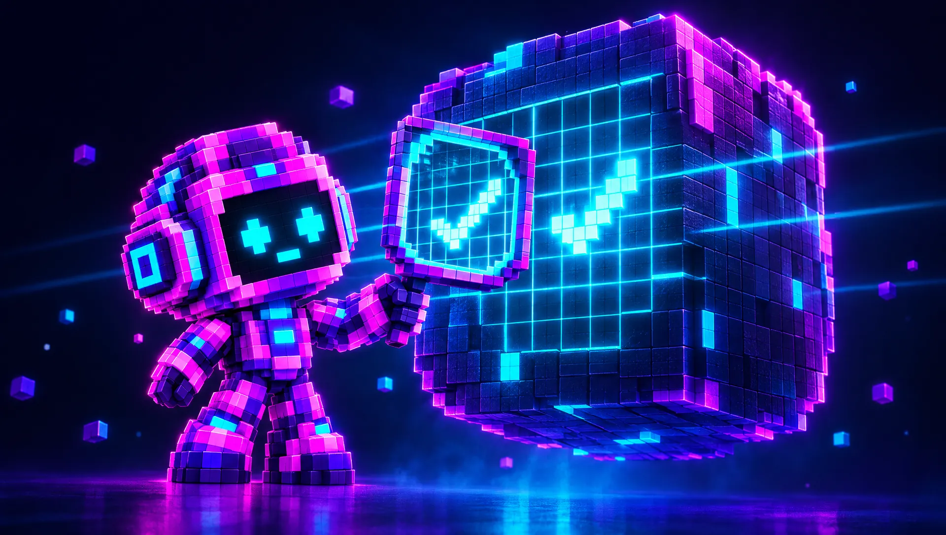 PIXORA inspecting a glowing block through a pixel lens